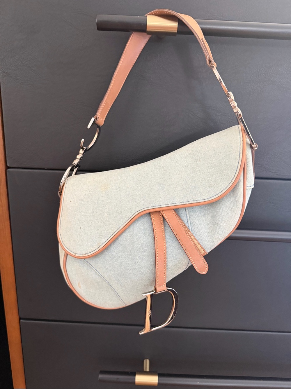 Dior Saddle Shoulder Bag in Light Denim and Tan Leather Trim
